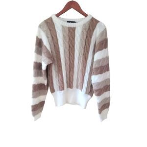 Vintage LeRoy Knitwear Color Block Cable Knit Sweater Ivory Brown Chunky M